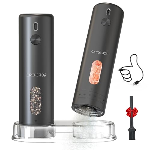 CIRCLE JOY Rechargeable Electric Salt and Pepper Grinder Set with Base, Automatic Pepper Mills with 110ml Container, External Adjustable Coarseness, White Led Light and One-Handed Operation, Black - color: Upgrade Black