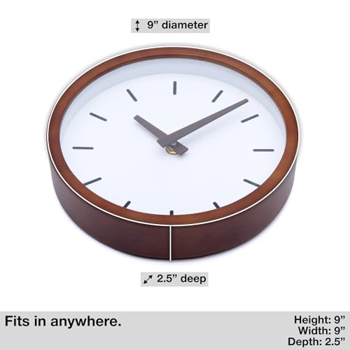 Driini Modern Mid Century Wood Analog Wall Clock (9") - Battery Operated with Silent Sweep Movement - Small Decorative Wooden Clocks for Bedrooms, Bathroom, Kitchen, Living Room, or Office… - size: 9"