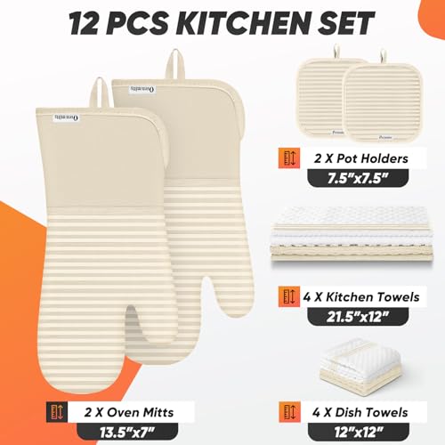 Oven Mitts Kitchen Towels and Dishcloths with Pot Holders Sets, Oven Gloves Hot Pads 500°F Heat Resistant with Silicone Grip, Include 2 Cooking Gloves/2 Potholders/4 Kitchen Towels/4 Dish Towels - color: Milkshake