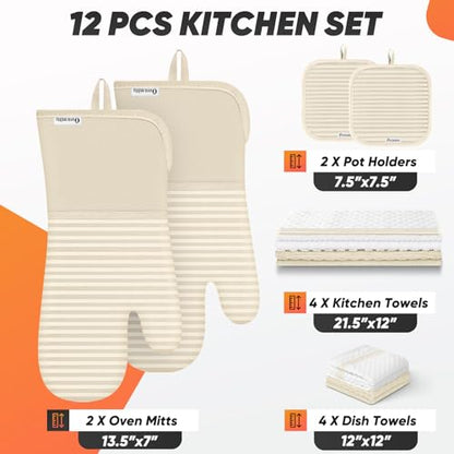 Oven Mitts Kitchen Towels and Dishcloths with Pot Holders Sets, Oven Gloves Hot Pads 500°F Heat Resistant with Silicone Grip, Include 2 Cooking Gloves/2 Potholders/4 Kitchen Towels/4 Dish Towels - color: Milkshake