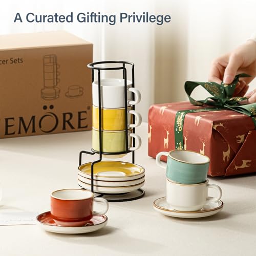 ONEMORE 2.5 Oz Espresso Cups Set of 4, Stackable Porcelain Coffee Cups with Saucers and Metal Stand, White Demitasse Mugs for Espresso, Cappuccino, Latte, Microwave & Dishwasher Safe - color: Cream White