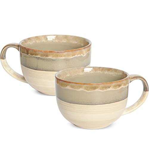 Ceramic Jumbo Coffee Mug Set of 2, 23 Oz, Large Mug Soup Bowls with Handles, Dishwasher and Microwave Safe (Brown Grey) - color: Brown Grey