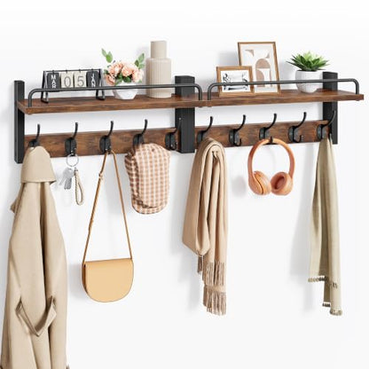 32.6"(16.3"*2) Wall Hooks with Shelf and Guardrail, Rustic Brown | Wall Coat Rack with 5 Hooks, Entryway Wall Coat Rack with Shelf, Coat Rack Wall Mount for Living Room, Bedroom, Kitchen - size: 32.6 Inch Long
