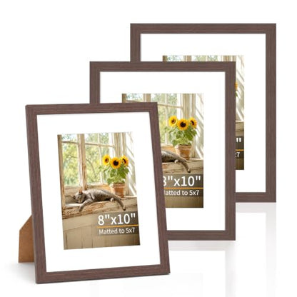 8x10 Picture Frames Set of 3 Mahogany Photo Frame Wall Table Display | Sturdy MDF 8x10 frames with mat clear plexiglass Hangs on wall stands on table family pics weddings diplomas home or office - color: Mahogany, size: 8x10