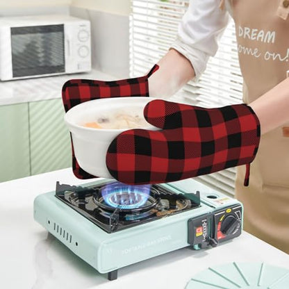 Red Black Buffalo Plaid Checker Oven Mitts and Pot Holders Set Silicone Heat Resistant Red Black Checker Kitchen Gloves Set Plaid Kitchen Mittens Pot Holders for BBQ Cooking - color: Red Black