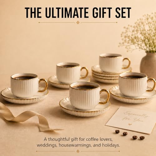 Espresso Cups with Saucers, Set of 6, Stackable Demitasse Coffee Cups with Gold Trim, Lead-Free Ceramic Cappuccino Mugs for Coffee Bar, Latte, Mocha, Tea - Modern Home Cafe (3, Fluid Ounces)