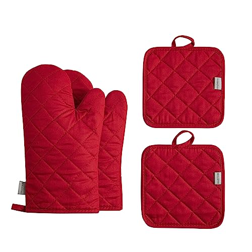 Oven Mitts and Pot Holders 4 pcs Set,High Heat Resistant 500 Degree Extra Thicken Long Kitchen Cotton Oven Glove for Cooking (12 Inch,Red) - color: Cotton-red