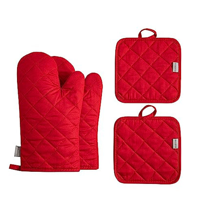 Oven Mitts and Pot Holders 4 pcs Set,High Heat Resistant 500 Degree Extra Thicken Long Kitchen Cotton Oven Glove for Cooking (12 Inch,Red) - color: Cotton-red