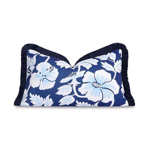 Hofdeco Premium Coastal Patio Indoor Outdoor Lumbar Pillow Cover Only, 12"x20" Water Repellent for Backyard, Couch, Navy Baby Blue Print Tropical Hisbucs Flowers - color: Navy Baby Blue Tropical Hisbucs Flowers 12"x20"