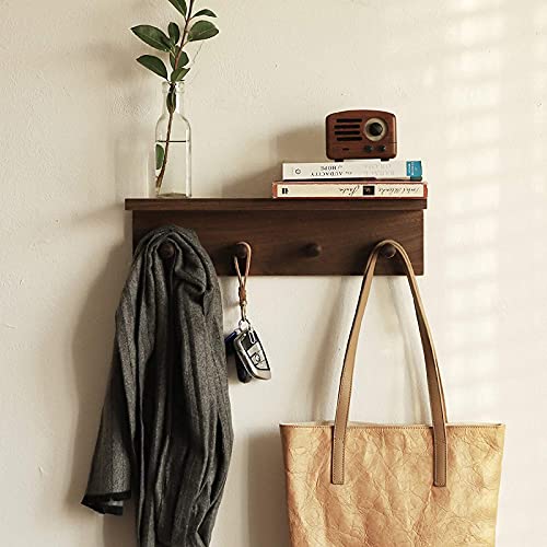 Entryway Coat Rack Hooks with Shelf, Sturdy Wooden Floating WallOrganizer Shelf with 4 Hooks siutable for Entrance, Mudroom, Kitchen, Bathroom,.etc(2pc-Walnut Finish) - color: Walnut 2PC