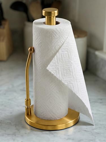 SMARTAKE Paper Towel Holder Countertop, Non-Slip Weighted Base, Gold | Freestanding Kitchen Roll Dispenser, Rustproof Stainless Steel, Spring Arm for Easy Tear, Widden Top, with 4 Suction Cups - color: 03-gold