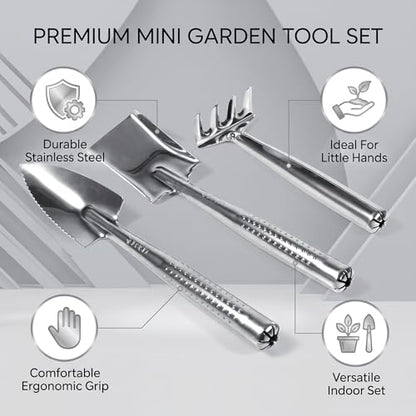 Mini Gardening Tools Set, Stainless Steel Indoor Plant Care Kit with Shovel Spade Rake for Potted Plants Houseplants