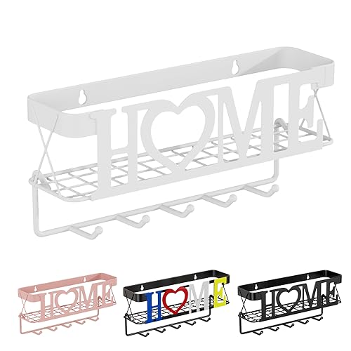 Key Holder Wall Mount - Adhesive Key Holder with 5 Hooks, Key Rack and Mail Organizer, Metal Basket Key Hanger for Entryway, Home, Living Room Decor, 11" L×2.8" W×4.9''H(White) - color: White