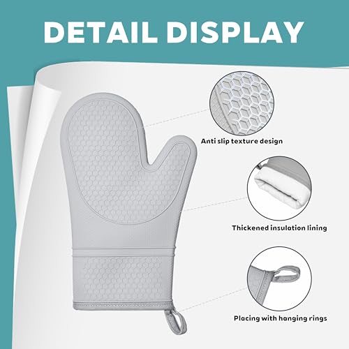 Silicone Oven Mitts Heat Resistant to 500°F – Non-Slip Waterproof Kitchen Gloves with Quilted Cotton Lining, 1 Pair (Grey)