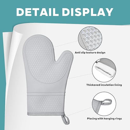 Silicone Oven Mitts Heat Resistant to 500°F – Non-Slip Waterproof Kitchen Gloves with Quilted Cotton Lining, 1 Pair (Grey)