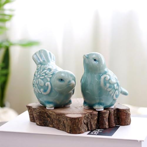 Ceramic Green Bird Figurines Set of 2, Hand-Painted Decorative Bird Statues for Shelves Cabinet Home Office Decor