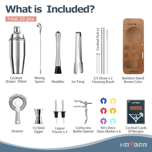 HMYBAR® 22-Piece Cocktail Shaker Set, Mixology Bartender Kit with 24oz Cobbler Shaker, Home Bar Tool Set with Brown Bamboo Stand, 39 Recipe Cards, Glass Markers, Gift for Men & Dad - color: Brown