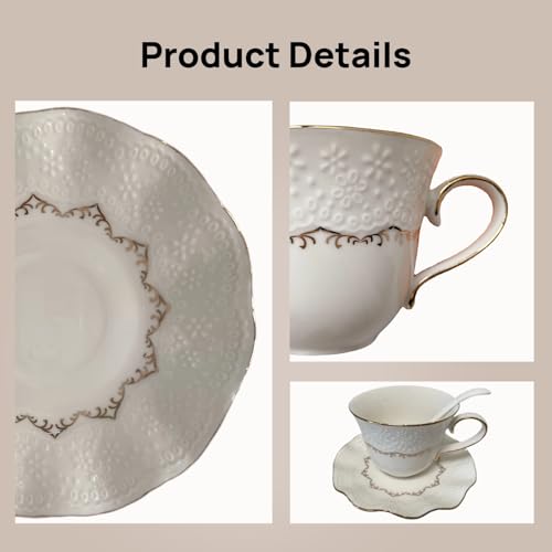 Tea Cup and Saucer Set for 1, Ceramic, White, 6.8 Oz | Coffee Cup with Saucer and Spoon, Elegant Design, 3D relief patterns, Gold Trim, Protective Packaging, Ideal for Gift - color: Elegant