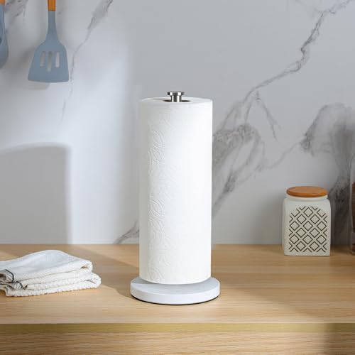 YIGII Heavy Marble Base Paper Towel Holder Countertop - Standing Paper Towel Roll Holder with Weighted Base, Papertowel Holder for Kitchen, White Marble - style: Silver & White Marble