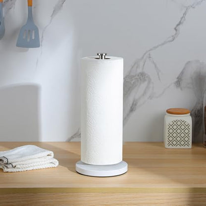 YIGII Heavy Marble Base Paper Towel Holder Countertop - Standing Paper Towel Roll Holder with Weighted Base, Papertowel Holder for Kitchen, White Marble - style: Silver & White Marble