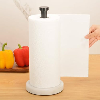 Kitchen Paper Towel Holder Countertop, Black Stainless Steel Rod, White Weighted Natural Marble Base, Heavy Duty Standing Paper Towel Roll Holders Easy One Hand Tear - color: Black