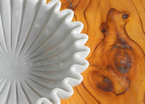 White Marble Ruffle Bowl – Handcrafted Decorative Scalloped Edge Marble Bowls – Fluted Stone Centerpiece for Table, Kitchen, Entryway – 12 Inch Natural Stone - size: 12 inches