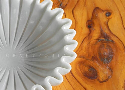 White Marble Ruffle Bowl – Handcrafted Decorative Scalloped Edge Marble Bowls – Fluted Stone Centerpiece for Table, Kitchen, Entryway – 12 Inch Natural Stone - size: 12 inches