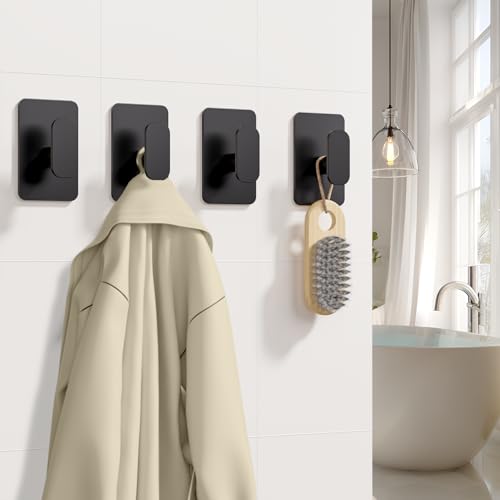 Large Heavy Duty Wall Hooks - 26lb Max, Stainless Steel Adhesive Towel Hooks for Hanging Towel, Coat, Robe, Hat, Sticky Towel Holder for Wall Mount in Bathroom, Shower, Kitchen (Black, 4 Pack) - color: Black-4