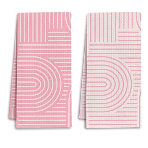Abstract Boho Pink Kitchen Towels, Minimalist Contemporary Dish Tea Towels for Kitchen Decor, Mid Century Modern Pink Decorative Hand Towel for Bathroom, 16x24 Inches Set of 2 - color: Pink