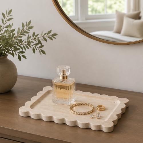Travertine Tray 11" x 8" Marble Vanity Tray for Bathroom Dresser Countertop, Natural Stone Scalloped Tray for Home Decor, Kitchen Perfume Jewelry Candle Trinket Catchall(Beige) - color: Travertine, size: 10.8" x 8" x 0.7"