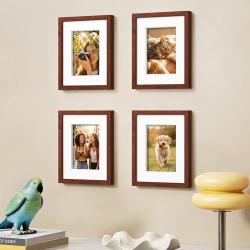 Vittanly Solid Wood 8x10 Picture Frames Set of 4, Brown | 5x7 Picture Frame with Mat, Gallery Wall Frame Set, 8 x 10 Frame for Wall & Tabletop Display, Family, Pet, Christmas - color: Brown, size: 8x10