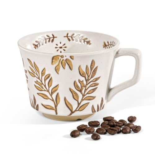 AGH Vintage Ceramic Coffee Mug with Handle, 11oz Hand Painted Flower Stoneware Tea Cup Unique Cute Ceramic Coffee Travel Mug for Tee Latte, Microwave Dishwasher Safe (Bean Leaf) - color: Bean Leaf