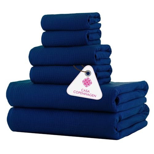 CASA COPENHAGEN Waffle 6Pcs 100% Egyptian Cotton Large Designer Towels Gift Set- Navy, 2Bath 2Hand 2Washcloths, Bath Towels for Bathroom (Box Pack, Set for Women & Men) - color: Waffle 6pcs Towel Set Navy, size: 6 Pieces