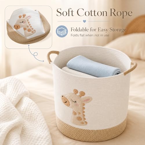 Large Blanket Basket for Living Room Storage,Toy Baskets Storage for Kids Stuffed Animal Storaged, Big Cute Cotton Rope Woven Laundry Basket with Handle for Nursery Baby Shower Gifts