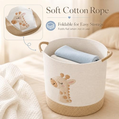 Large Blanket Basket for Living Room Storage,Toy Baskets Storage for Kids Stuffed Animal Storaged, Big Cute Cotton Rope Woven Laundry Basket with Handle for Nursery Baby Shower Gifts