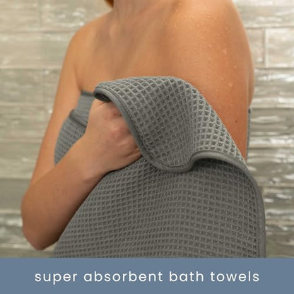 S&T INC. Aura Waffle Bath Towel Set, 6 Pieces, Grey | 2 Bath Towels, 2 Hand Towels, 2 Wash Cloths, Absorbent Microfiber, Quick-Dry and Lightweight, 420GSM - color: Grey