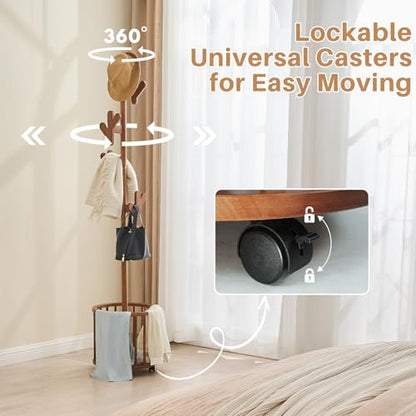 Uniclinens Solid Wood Coat Rack Freestanding with Umbrella Holder, Tree Coat Rack Stand with Lockable Universal Casters & 12 Hooks for Entryway Bedroom, Walnut - color: Walnut, size: Coat Tree