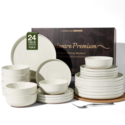 Stoneware Dinnerware Set for 8, Plates and Bowls, Cream | 24 pcs Speckled Spiral Coupe Dishes, Chip & Scratch Resistant Everyday Ceramics, Microwave & Dishwasher Safe, Farmhouse Style - color: Cream, size: Service for 8 (24pc)