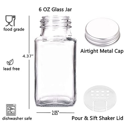 SWOMMOLY 30 Glass Spice Jars 6 oz Empty Square Spice Bottles with 703 Spice Labels, Chalk Marker and Funnel Complete Set. 30 Spice Containers with Airtight Cap, Pour/sift Shaker Lid - size: 6 OZ
