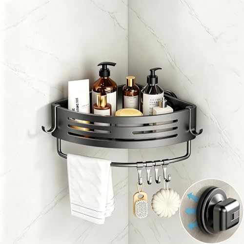 Corner Shower Caddy Suction Cup, 1 Pack Shower Shelves, Gray | No Drilling, Aluminum Alloy Shower Organizer, Rustproof Bathroom Storage Rack with Towel Bar & Hooks - color: Gray(1 Pack), size: Corners
