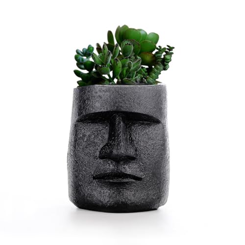 Easter Island Moai Head Succulent Planter Pot, Human Face Flower Pot for Desktop Home Decor, Cool Moai Figurines Pen and Brush Holder, Black - color: Black