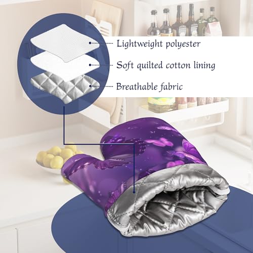 Purple Butterfly Oven Mitts and Pot Holders Sparkling Abstract Silicone Kitchen Accessories Set of 4 Heat Resistant Non-Slip Long Gloves Potholder for Chef Cooking Baking Gifts Women Men - color: Purple Butterfly,sparkling Abstract