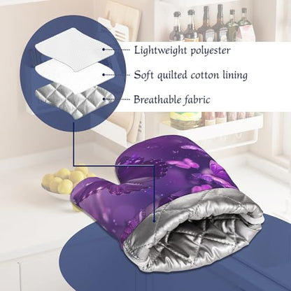 Purple Butterfly Oven Mitts and Pot Holders Sparkling Abstract Silicone Kitchen Accessories Set of 4 Heat Resistant Non-Slip Long Gloves Potholder for Chef Cooking Baking Gifts Women Men - color: Purple Butterfly,sparkling Abstract