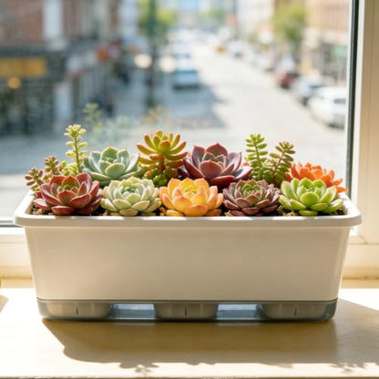 5-Pack Rectangular Self-Watering Planters with Drainage – Plastic Flower Pots for Indoor Outdoor Plants, Window Garden, Ideal for Herbs, Flowers & Vegetables, Easy-Fill Watering System, White