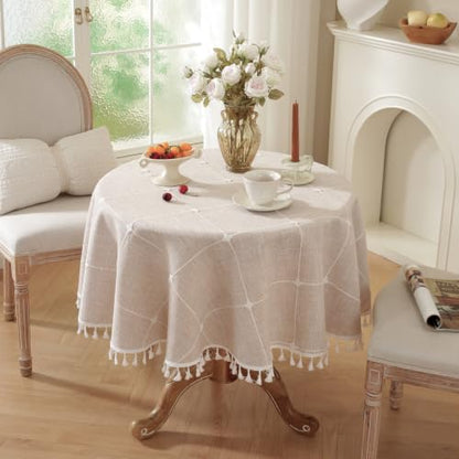 Laolitou Waterproof Tablecloths Rustic Lattice Tablecloth Cotton Linen Coffee Table Cloths for Kitchen Dining,Party,Holiday,Christmas,Buffet, Round, 55", 2-4 Seats - color: Coffee Plaids, size: 55" (Round)