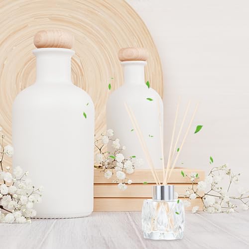 Cabilock 4Pcs Glass Aroma Bottles with Rattan Sticks 2.95 X 2.36 X 1.77 in Decorative Essential Oil Diffuser Set for Home Decor Living Room Spa Meditation Bathroom