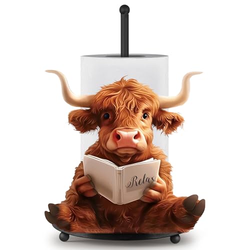 Highland Cow Paper Towel Holder Countertop Kitchen Decor and Accessories Black Metal Farmhouse Large Tissue Stand for Home Bathroom 3D Cow Hand Painting Pattern Farm Table Decor Gifts - style: Highland Cattle