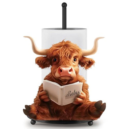 Highland Cow Paper Towel Holder Countertop Kitchen Decor and Accessories Black Metal Farmhouse Large Tissue Stand for Home Bathroom 3D Cow Hand Painting Pattern Farm Table Decor Gifts - style: Highland Cattle