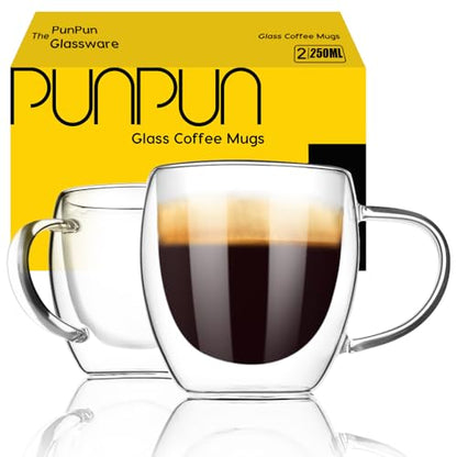 PunPun 8.5oz/250ml Espresso Cups, Double Wall Insulated Glass Cups, Set of 2 - color: 250ml / set of 2