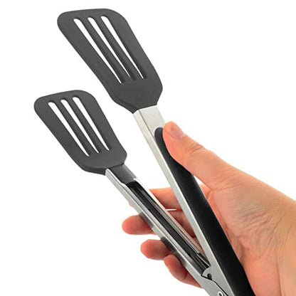 3 PCS Stainless Steel & Silicone Cooking Tongs Set (7", 9", 12") | Heat Resistant, Non-Stick, Locking Handle, Dishwasher Safe, for Grilling Steak Salad Pasta Buffet Serving, Black - color: Black, size: 7 & 9 & 12 inch